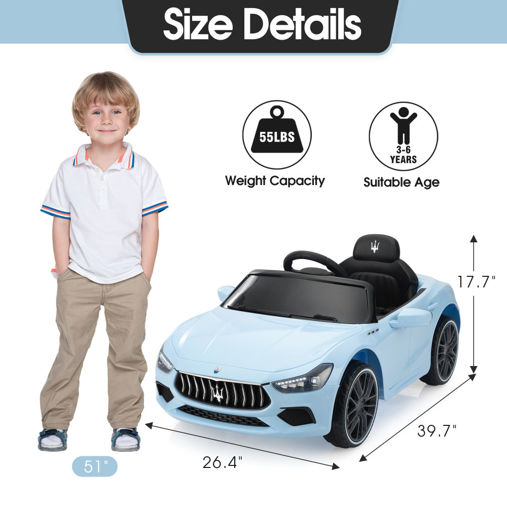 Maserati Ghibli Licensed 12V Kids Ride On Car, Battery Powered Electric Vehicle w/ 2.4G Remote Control, LED Lights, MP3 Music, USB, Horn, Children Age 3-6, Small